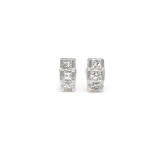 Bezel Set Push Back Studs In Solid 14k White Gold G-H Diamond 0.16 Ct Trio Stone Earrings
