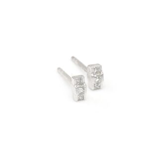 Bezel Set Push Back Studs In Solid 14k White Gold G-H Diamond 0.16 Ct Trio Stone Earrings