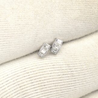 Bezel Set Push Back Studs In Solid 14k White Gold G-H Diamond 0.16 Ct Trio Stone Earrings