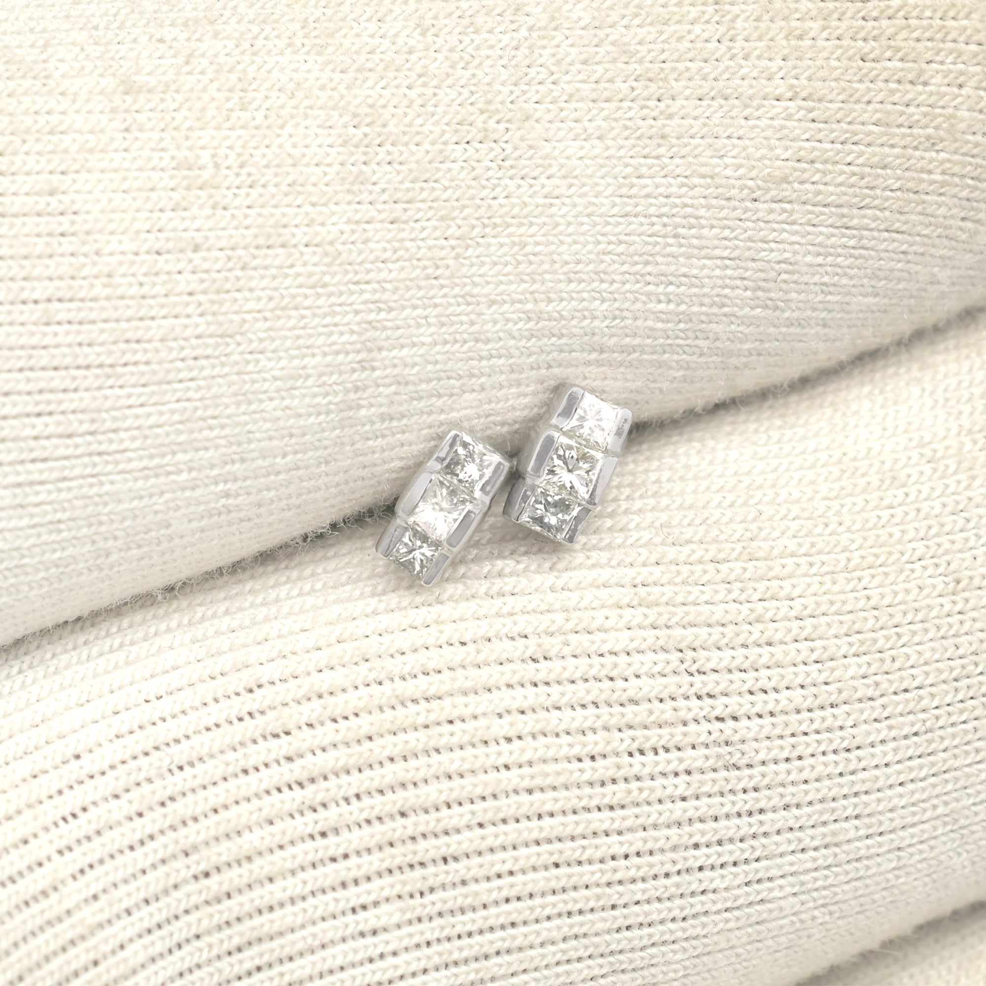 Bezel Set Push Back Studs In Solid 14k White Gold G-H Diamond 0.16 Ct Trio Stone Earrings