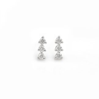 Triple Diamond Studs Earring In Pure 14k White Gold 3 Stone Hallmarked Jewelry For Her