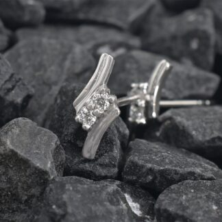 Two Stone Round Cut Stud With 1.9mm White Diamond Hallmarked Earrings In 14k White Gold