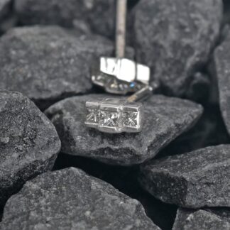 Bezel Set Push Back Studs In Solid 14k White Gold G-H Diamond 0.16 Ct Trio Stone Earrings