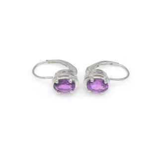 Pure 14k White Gold Solitaire Earring With 7x5mm Amethyst Gemstone Lever Back Earrings