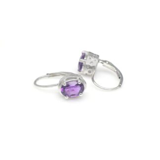 Pure 14k White Gold Solitaire Earring With 7x5mm Amethyst Gemstone Lever Back Earrings
