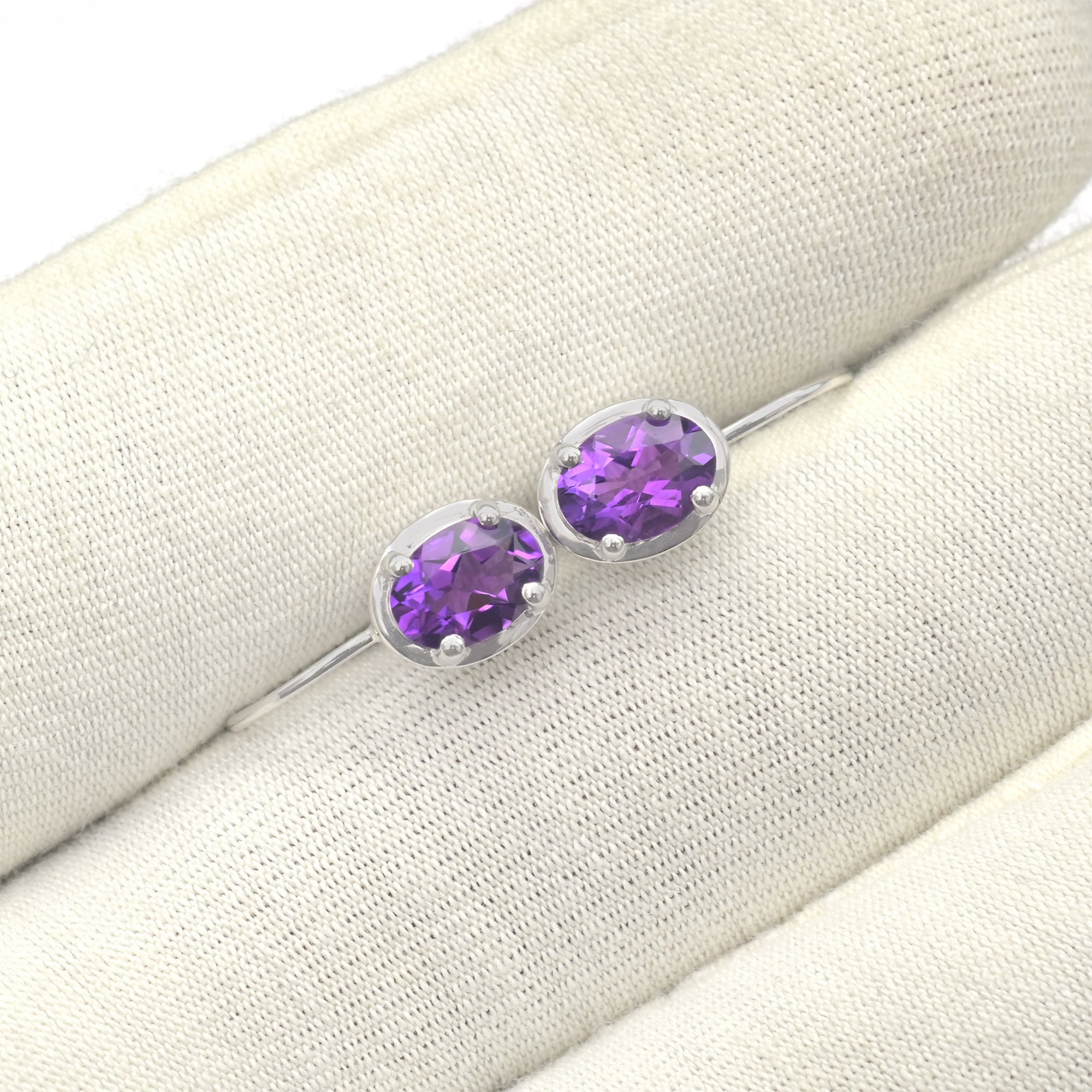 Pure 14k White Gold Solitaire Earring With 7x5mm Amethyst Gemstone Lever Back Earrings