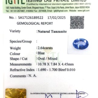 Natural Tanzanite Oval Cut 2.64 Ct Loose Gemstone For Jewelry Making, 1 Piece