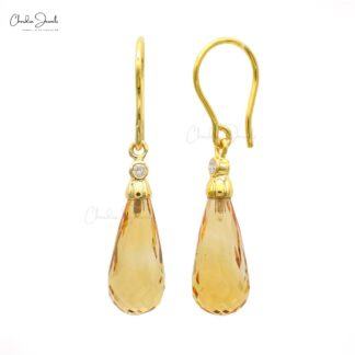 Dangle Hook Earring In 14k Yellow Gold Citrine 10.30 Ct Gemstone Diamond Wedding Earrings