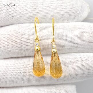 Dangle Hook Earring In 14k Yellow Gold Citrine 10.30 Ct Gemstone Diamond Wedding Earrings