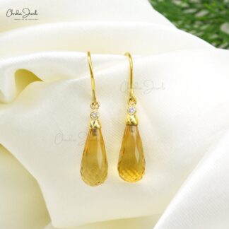 Dangle Hook Earring In 14k Yellow Gold Citrine 10.30 Ct Gemstone Diamond Wedding Earrings
