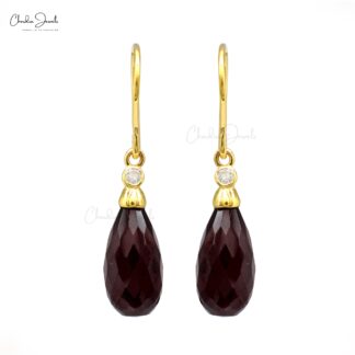 Two Stone Dangler Earring With Red Garnet And Diamond Hook Earrings In 14k Yellow Gold