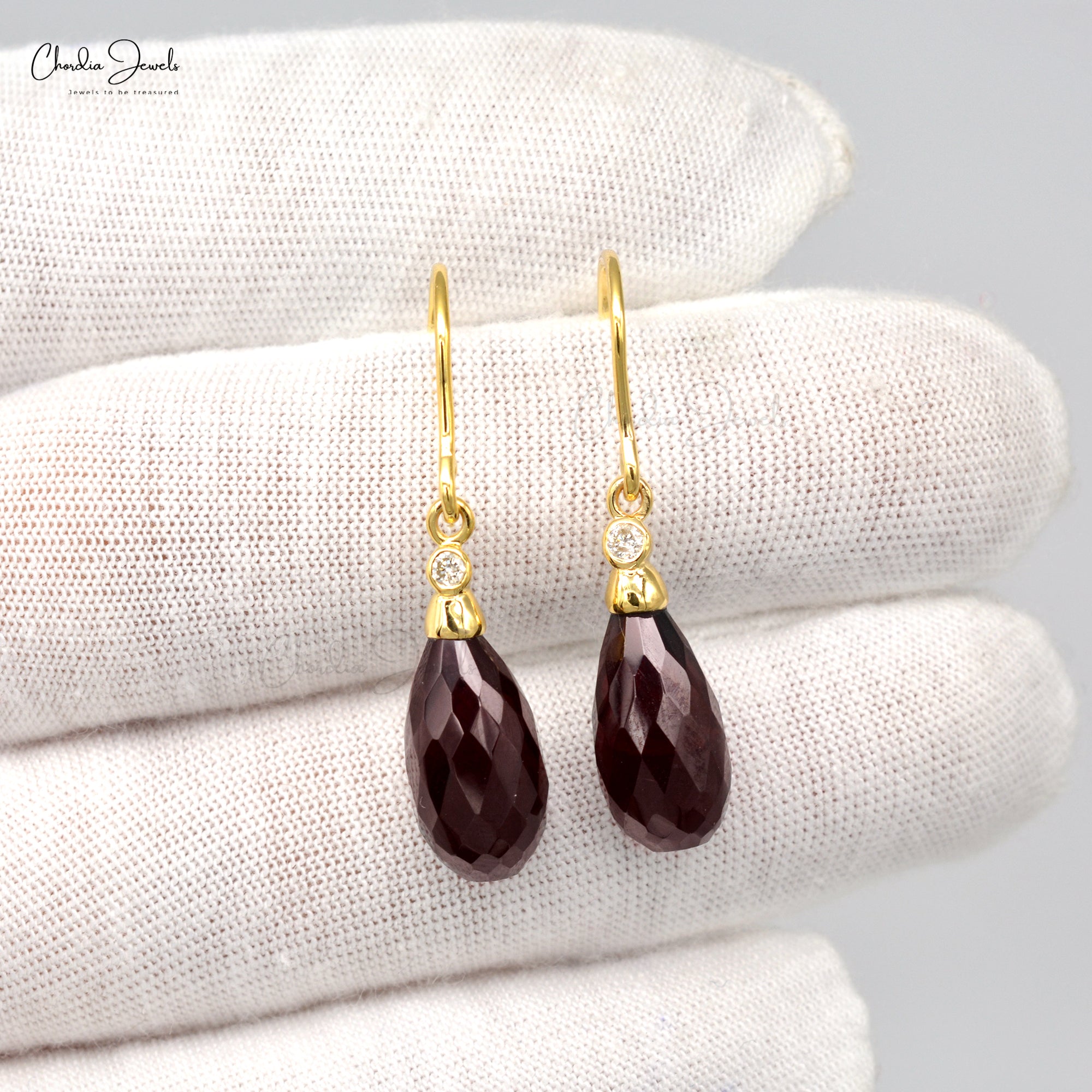 Two Stone Dangler Earring With Red Garnet And Diamond Hook Earrings In 14k Yellow Gold