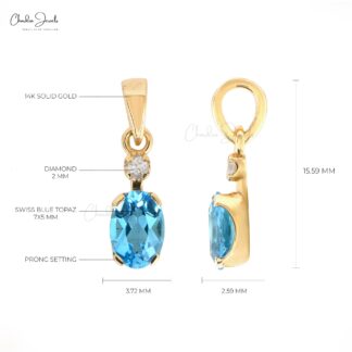 Solid 14k Gold Dual Stone Pendant With 2 Ct Swiss Blue Topaz And Diamond Wedding Necklace