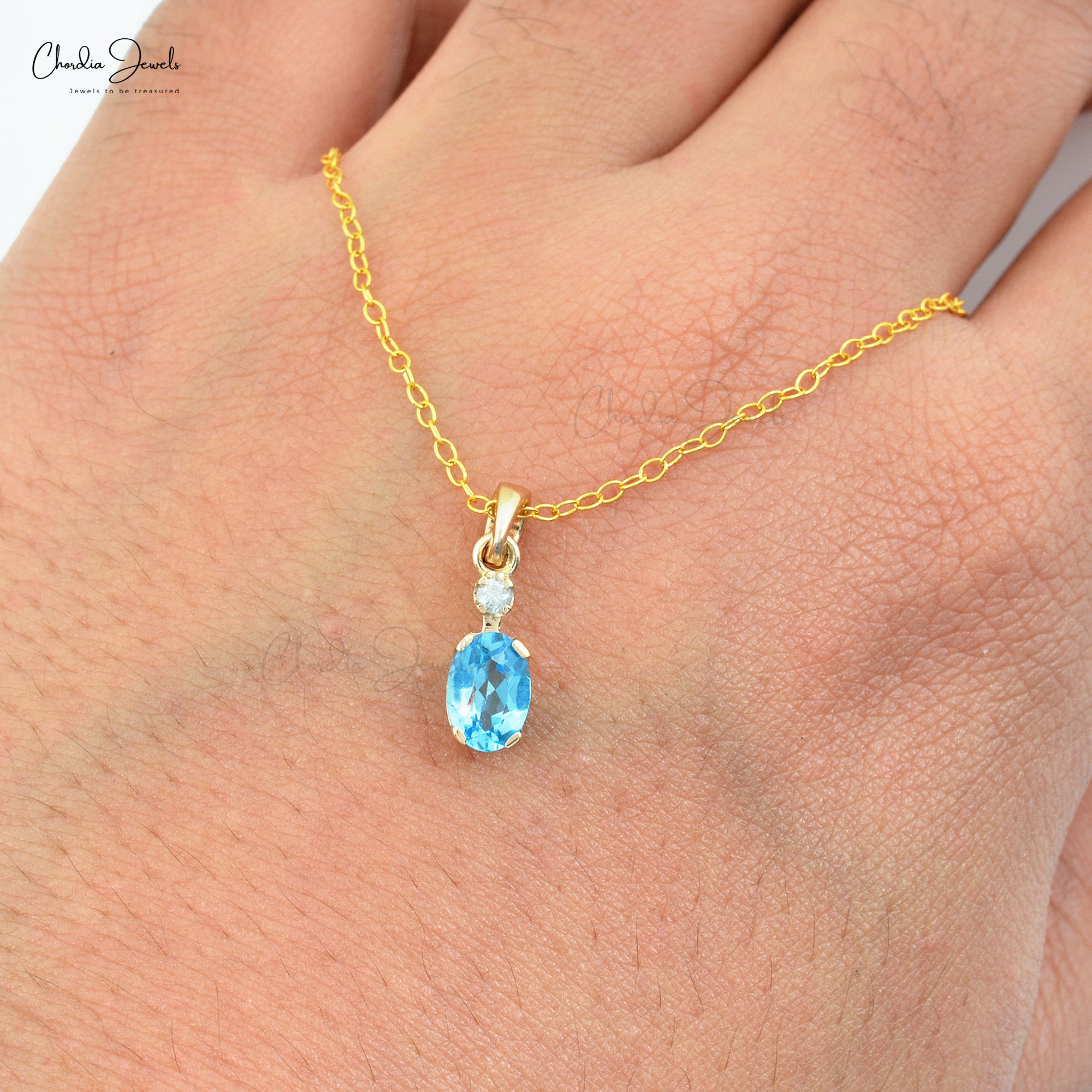 Solid 14k Gold Dual Stone Pendant With 2 Ct Swiss Blue Topaz And Diamond Wedding Necklace