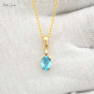 Solid 14k Gold Dual Stone Pendant With 2 Ct Swiss Blue Topaz And Diamond Wedding Necklace