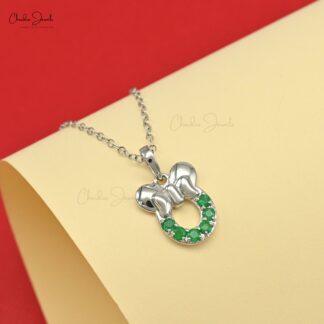 Mickey Mouse Style Pendant With 2mm Zambian Emerald Gemstone 14k Real Gold Kids Pendants