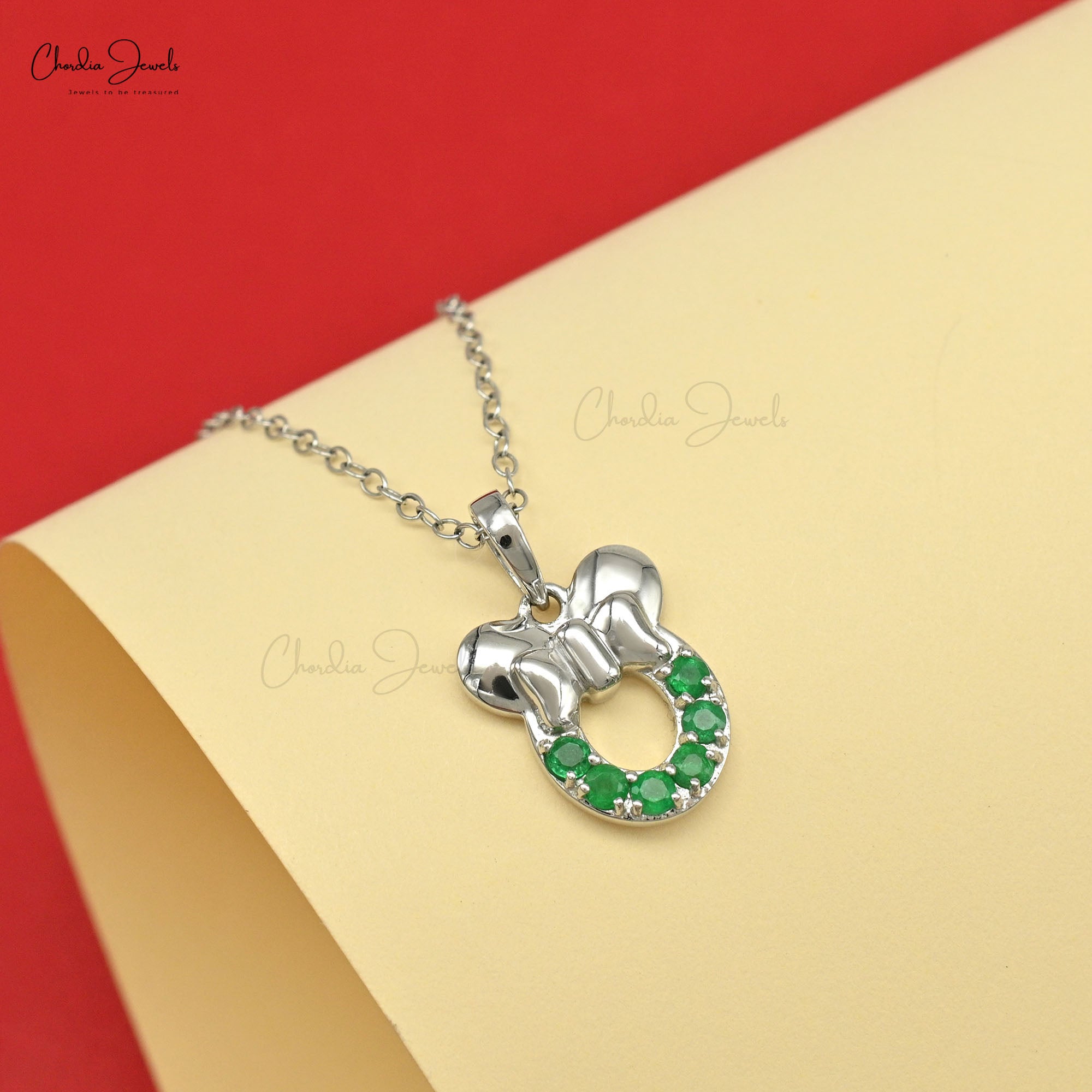 Mickey Mouse Style Pendant With 2mm Zambian Emerald Gemstone 14k Real Gold Kids Pendants