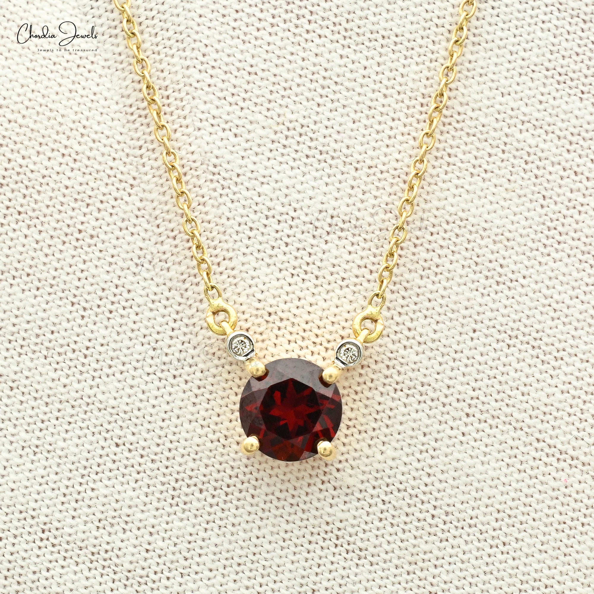 Real Red Garnet 1.1Ct Round Gemstone With Diamond Accents In 14k Yellow Gold Pendant