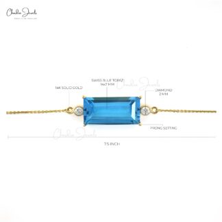 Three Stone Chain Bracelet in 14k Yellow Gold Swiss Blue Topaz Diamond Jewelry