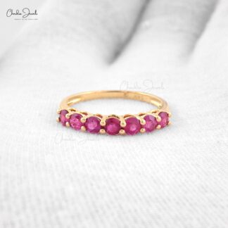 Half Eternity 7 Stone Band In 14k Yellow Gold Ruby 3mm Gemstone Stackable Ring Size US8