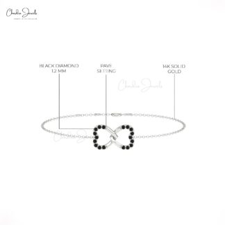 Infinity Heart Chain Bracelet In Pure 14k Gold Black Diamond 0.18 Ct Round Cut Bracelets