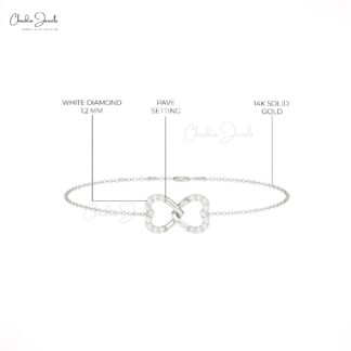 Delicate Double Heart Bracelet With 1.20mm White Diamond 14k Real Gold Arm Barcelets