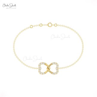 Delicate Double Heart Bracelet With 1.20mm White Diamond 14k Real Gold Arm Barcelets