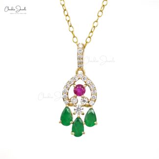 Dangle Multi Stone Pendant In 14k Yellow Gold Emerald & Ruby Diamond Cluster Necklace