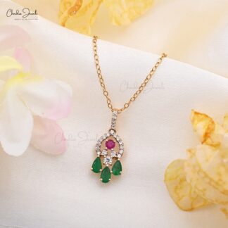 Dangle Multi Stone Pendant In 14k Yellow Gold Emerald & Ruby Diamond Cluster Necklace