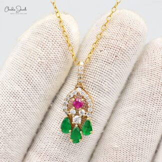 Dangle Multi Stone Pendant In 14k Yellow Gold Emerald & Ruby Diamond Cluster Necklace