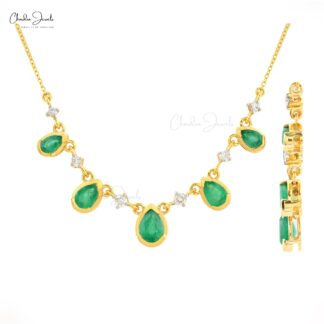 Bezel Set Emerald Chain Necklace In 14k Yellow Gold Diamond IGI Certified Fine Necklaces
