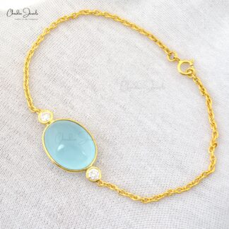 Statement Chain Bracelet In 14k Real Yellow Gold Aquamarine And Diamond 3 Stone Bracelets