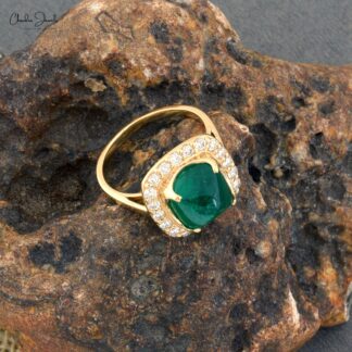 Halo Engagement Ring With 9.5mm Emerald Gemstone And Diamond 14k Yellow Gold Ring Size US7