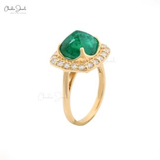 Halo Engagement Ring With 9.5mm Emerald Gemstone And Diamond 14k Yellow Gold Ring Size US7