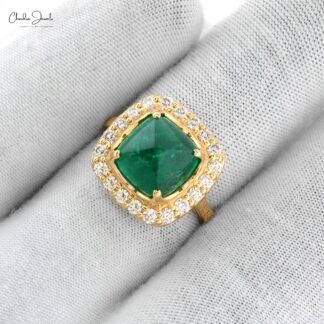 Halo Engagement Ring With 9.5mm Emerald Gemstone And Diamond 14k Yellow Gold Ring Size US7