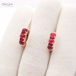 Natural Burma Ruby Huggies Hoops With 14k Solid Rose Gold Latch Back Daughter Earrings