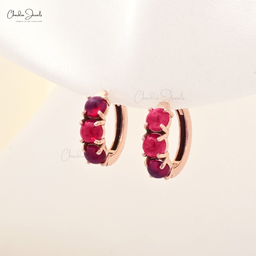 Natural Burma Ruby Huggies Hoops With 14k Solid Rose Gold Latch Back Daughter Earrings