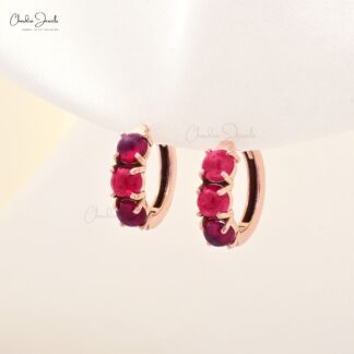 Natural Burma Ruby Huggies Hoops With 14k Solid Rose Gold Latch Back Daughter Earrings