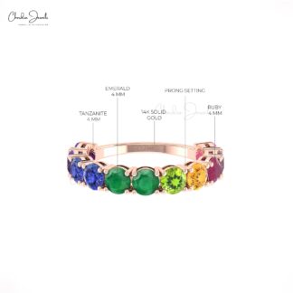 Multi Gemstone Stack Band With 4mm Rainbow Stone Half Eternity Ring In 14k Solid Gold
