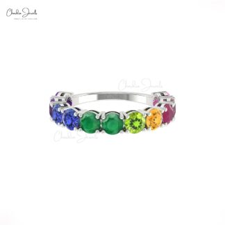 Multi Gemstone Stack Band With 4mm Rainbow Stone Half Eternity Ring In 14k Solid Gold