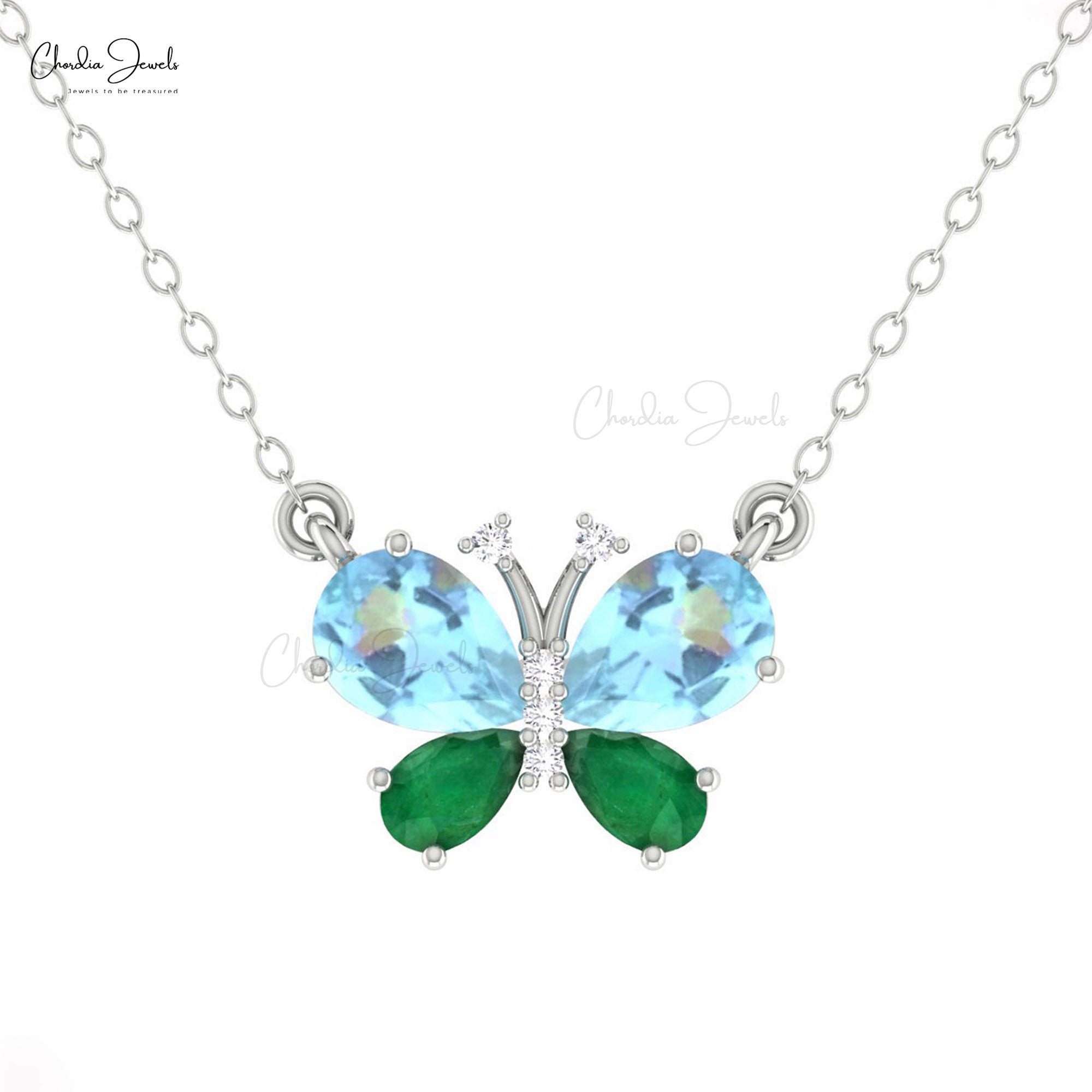 Papillion Unique Necklace With 7x5mm Aquamarine And Diamond Pave In 14k Real Gold Necklace