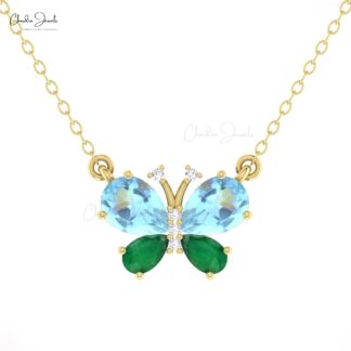 Papillion Unique Necklace With 7x5mm Aquamarine And Diamond Pave In 14k Real Gold Necklace