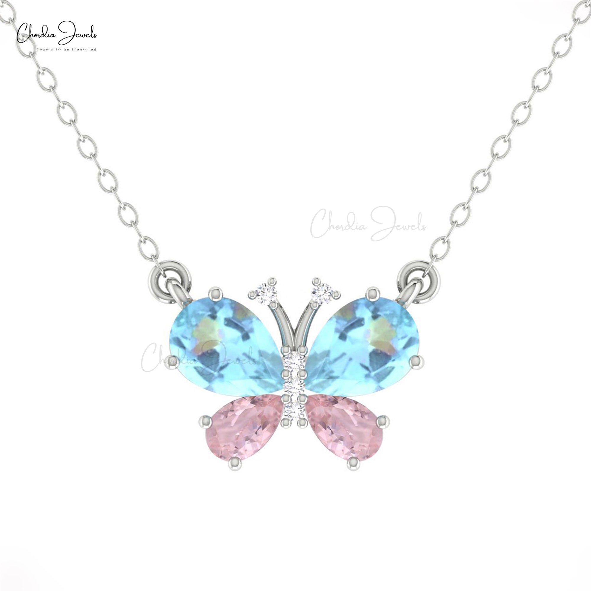 Pear Morganite Butterfly Necklace In 14k Solid Gold Aquamarine Gemstone Diamond Jewelry