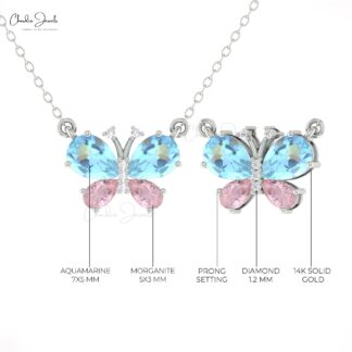 Pear Morganite Butterfly Necklace In 14k Solid Gold Aquamarine Gemstone Diamond Jewelry