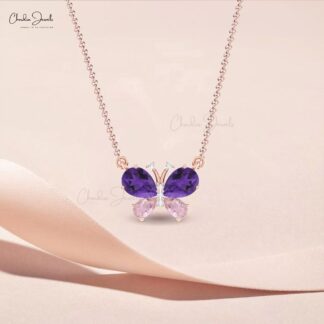 Diamond Papillion Chain Necklace With 1.26 Ct Amethyst And Morganite 14k Real Gold Necklaces