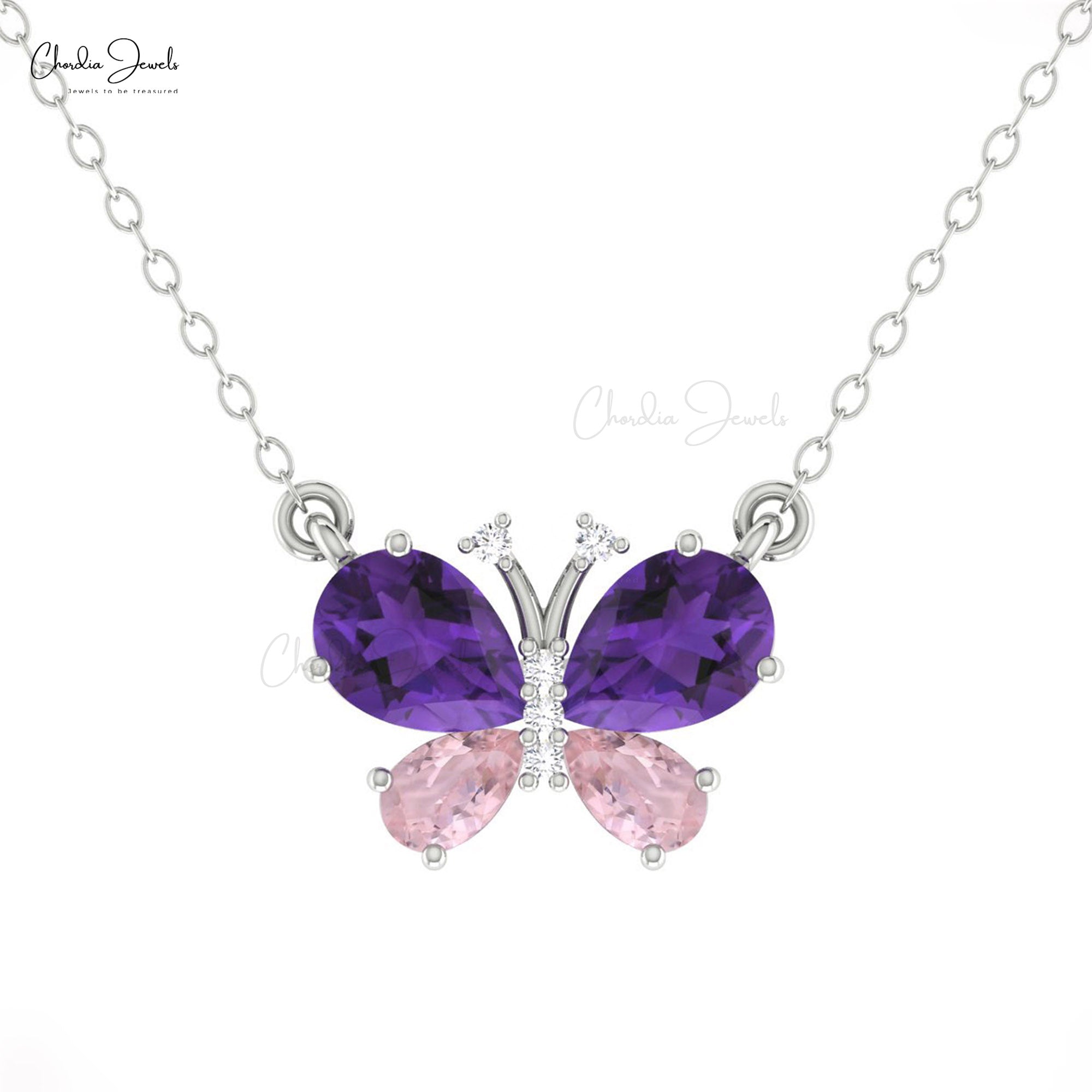 Diamond Papillion Chain Necklace With 1.26 Ct Amethyst And Morganite 14k Real Gold Necklaces