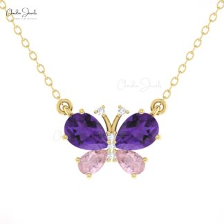 Diamond Papillion Chain Necklace With 1.26 Ct Amethyst And Morganite 14k Real Gold Necklaces