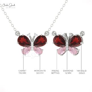 AAA Garnet And Morganite Butterfly Necklace In 14k Pure Gold Diamond Hallmarked Jewelry