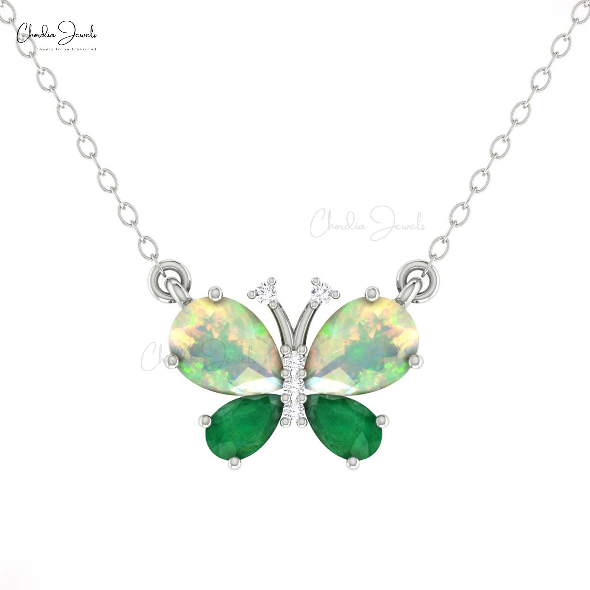 Natural Fire Opal Butterfly Necklace In 14k Pure Gold Emerald G-H Diamond Fine Jewelry