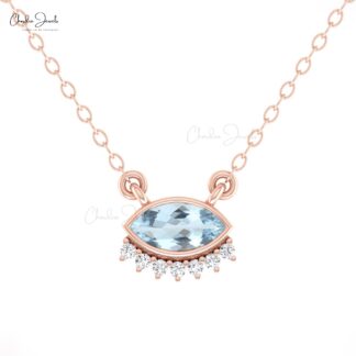Pure 14k Gold Floating Necklace With 7×3.5mm Aquamarine And Diamond Thin Chain Necklaces